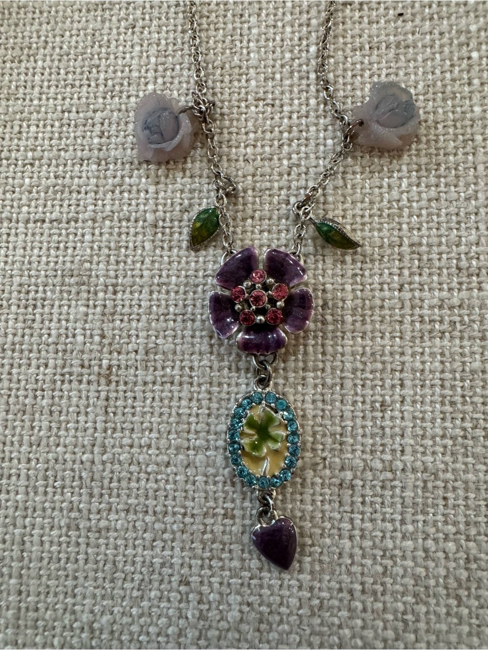 Multicolor Rhinestones Flower & 4 Leaf Clover Drop Pendant Necklace Silver-Tone